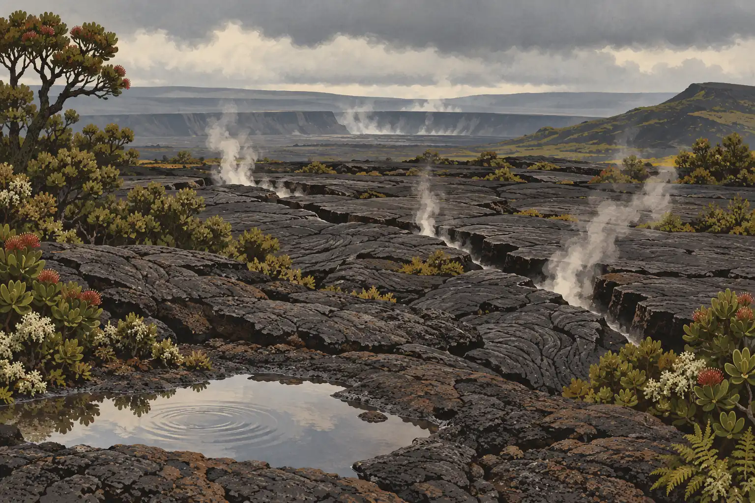 Coulées de lave noire fissurées, fumerolles, végétation fleurie et mare sous un ciel chargé près d’une caldeira