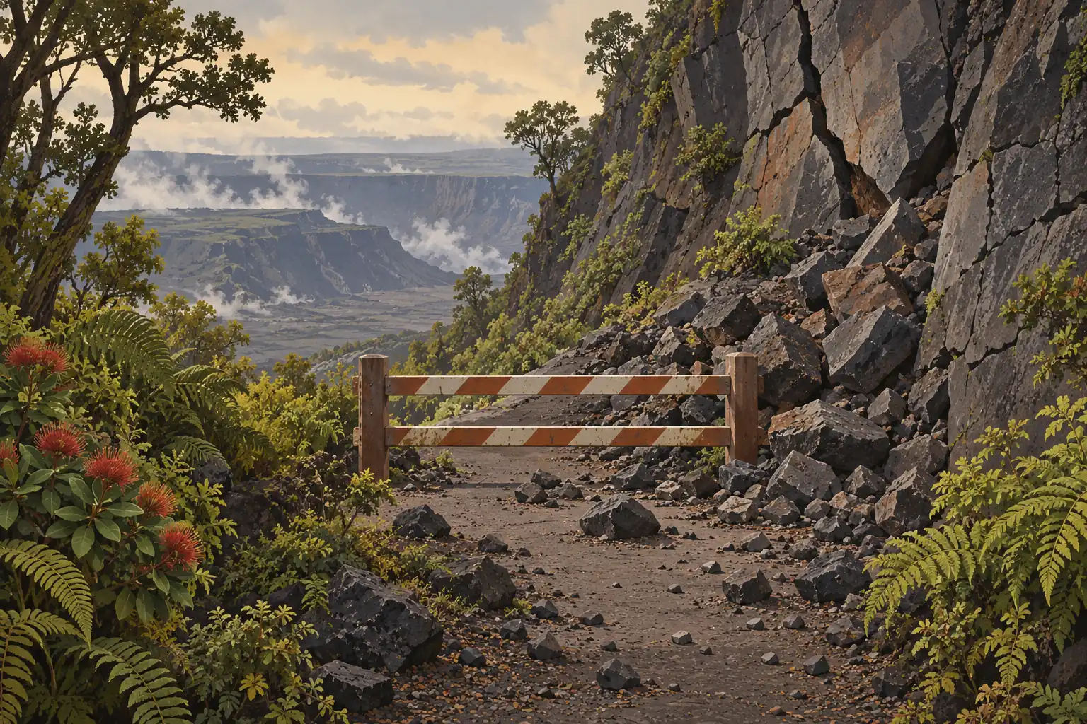 Sentier volcanique barré par une barrière, entre fougères et éboulis, avec un vaste cratère fumant au loin