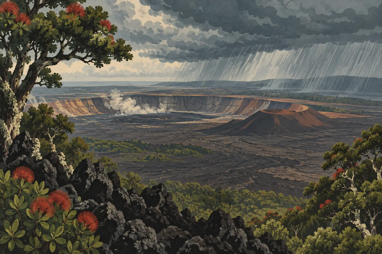 Un cratère volcanique sombre sous une pluie intense, encadré de roches noires, d’arbres et de fleurs rouges