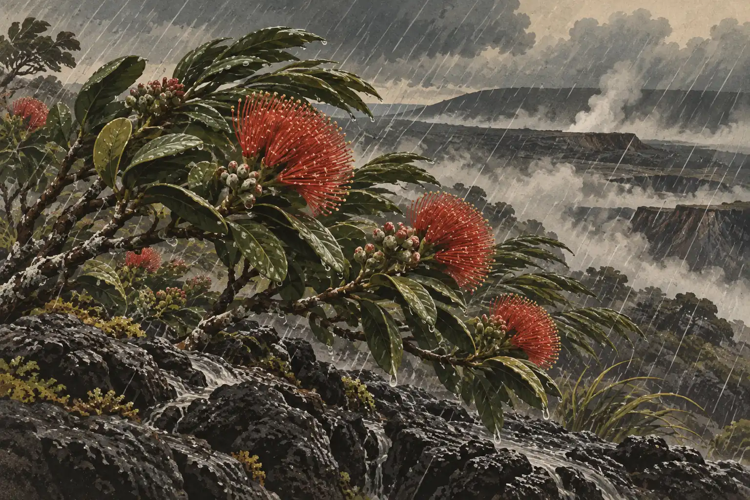 Fleurs rouges et feuillage détrempé sur des roches volcaniques, sous une forte pluie face à un cratère fumant