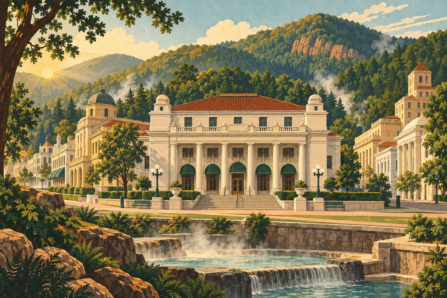 Établissement thermal à colonnades devant des bassins fumants, entouré d’arbres et de montagnes au soleil levant