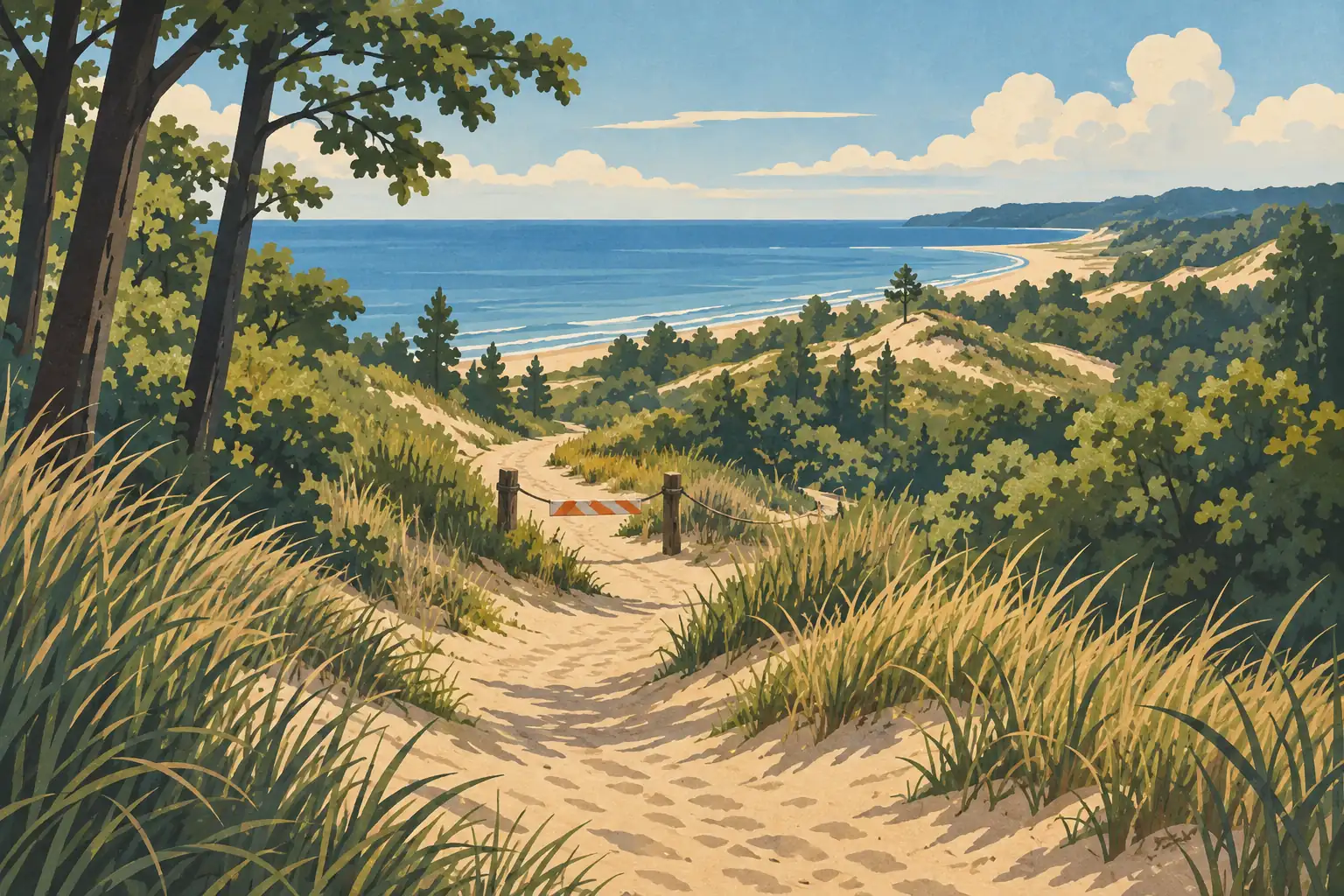 Sentier sablonneux barré entre les herbes des dunes, avec une plage, un lac bleu, des arbres et de grands nuages
