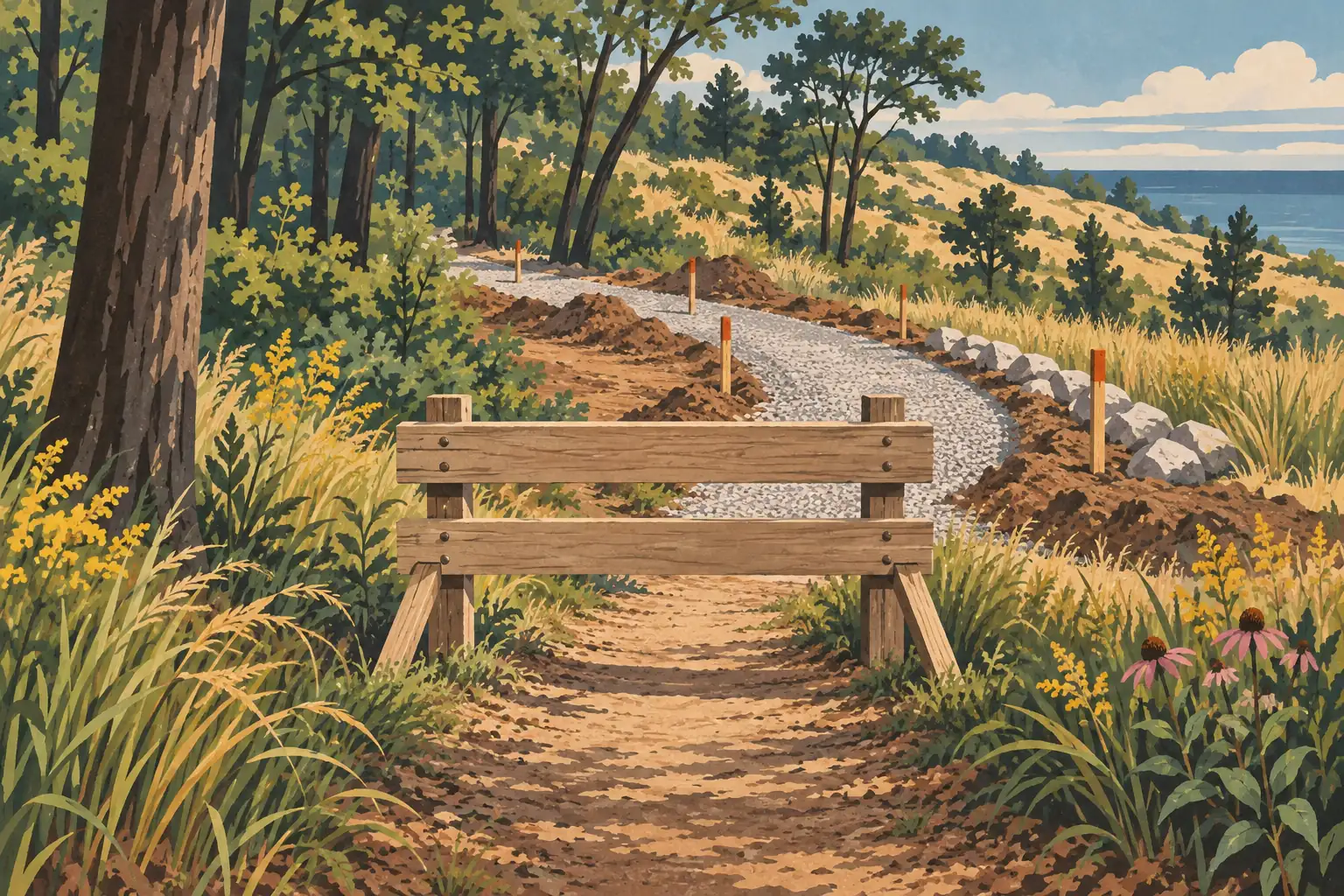Sentier forestier barré par une clôture en bois, avec travaux de gravier entre dunes herbeuses et lac au loin