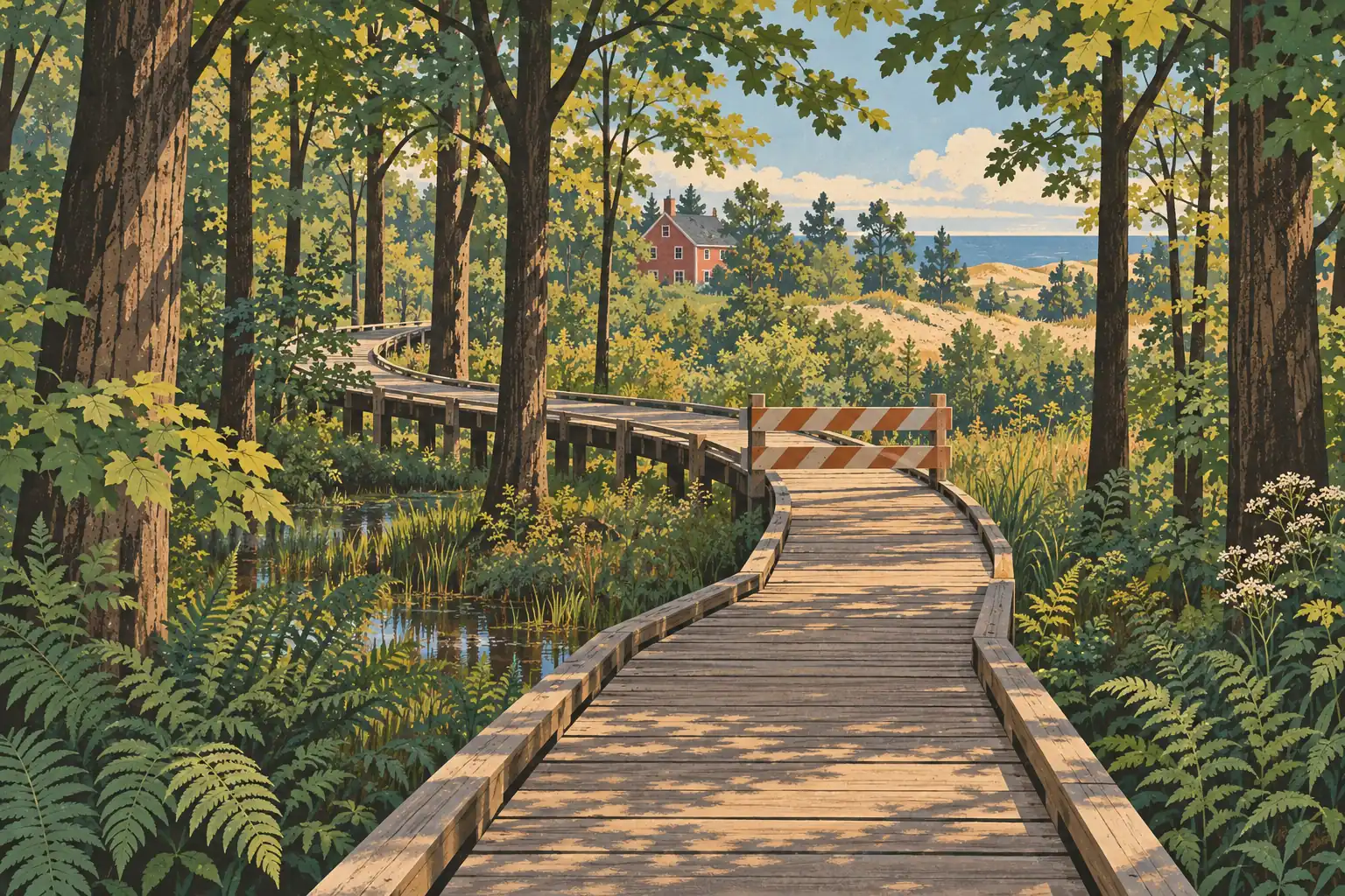 Passerelle en bois barrée au milieu d’une forêt, longeant un marais vers une maison rouge et des dunes au bord du lac