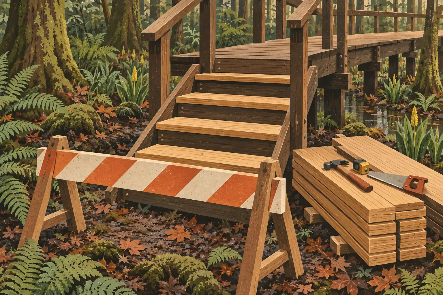 Passerelle en bois forestière barrée devant un escalier, avec planches empilées, marteau, mètre et scie