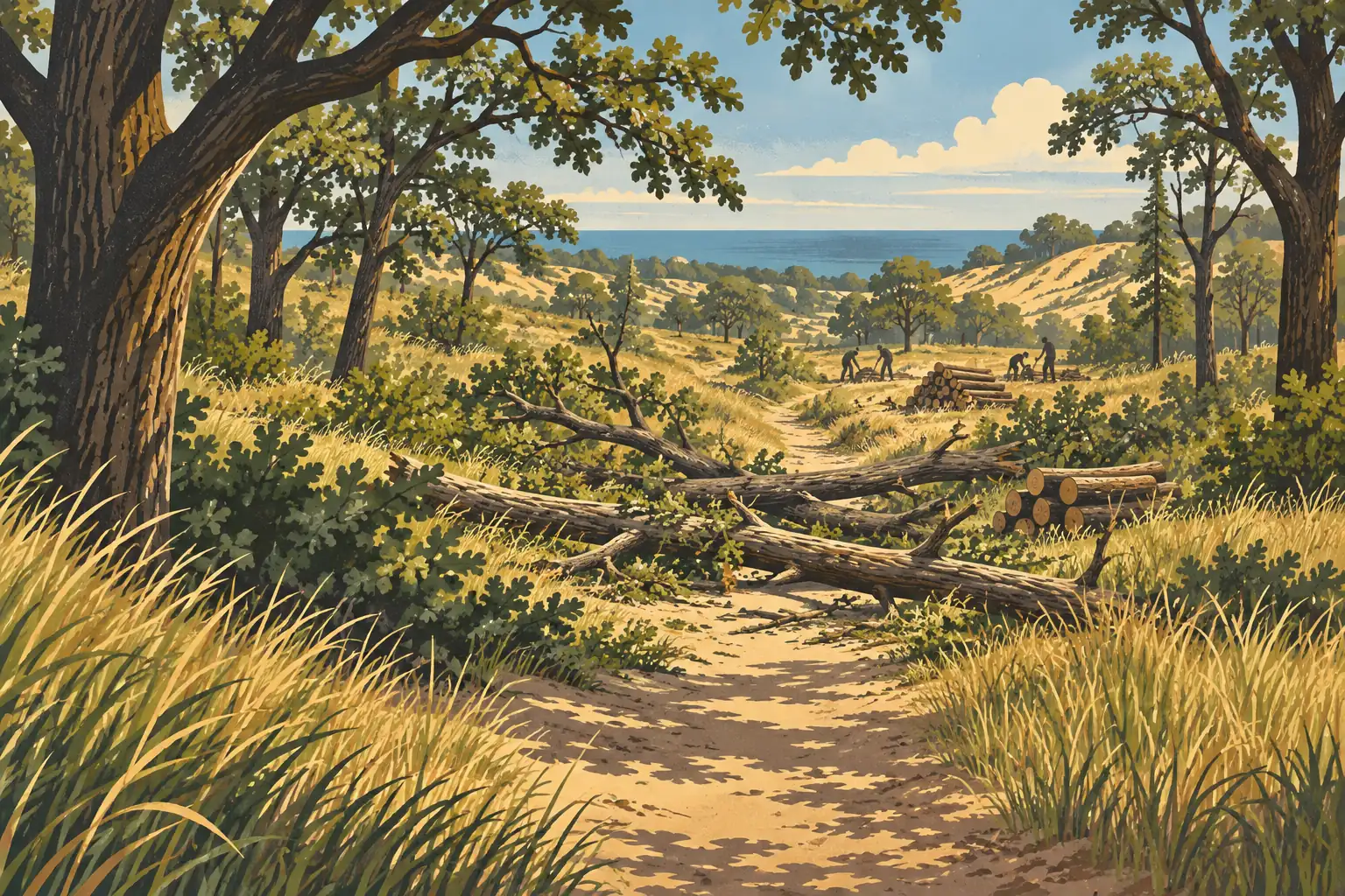 Sentier sablonneux barré par des troncs abattus, au milieu des dunes boisées, avec des ouvriers et un lac au loin