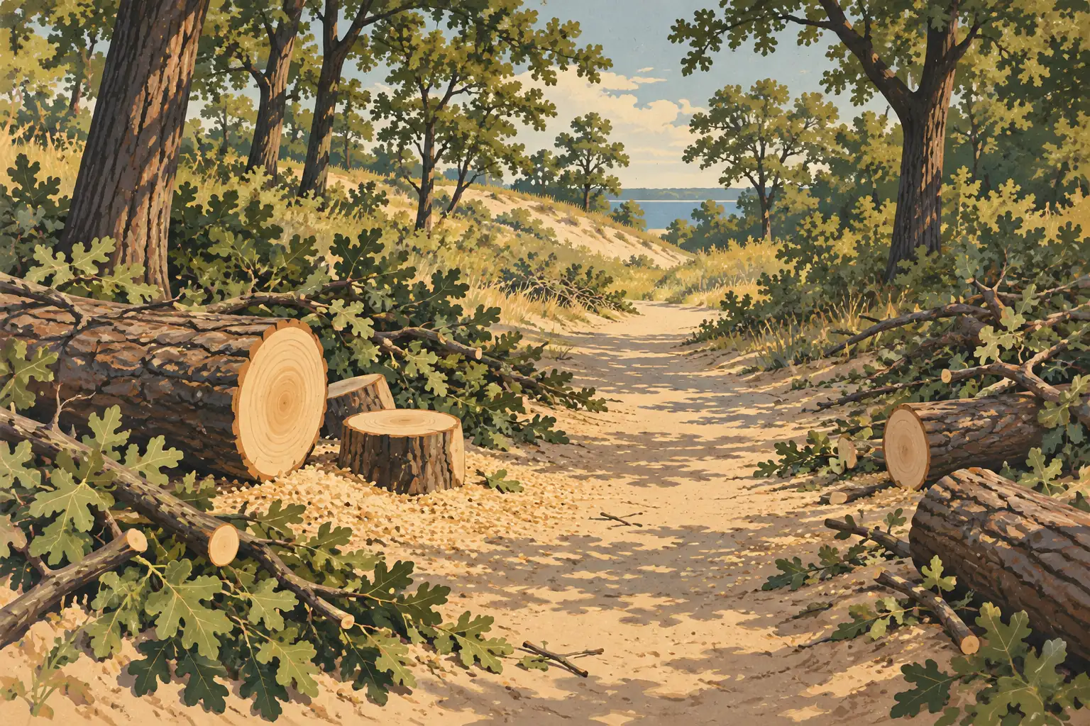 Sentier sablonneux bordé de troncs abattus, branches feuillues et souches, traversant des dunes boisées vers un lac