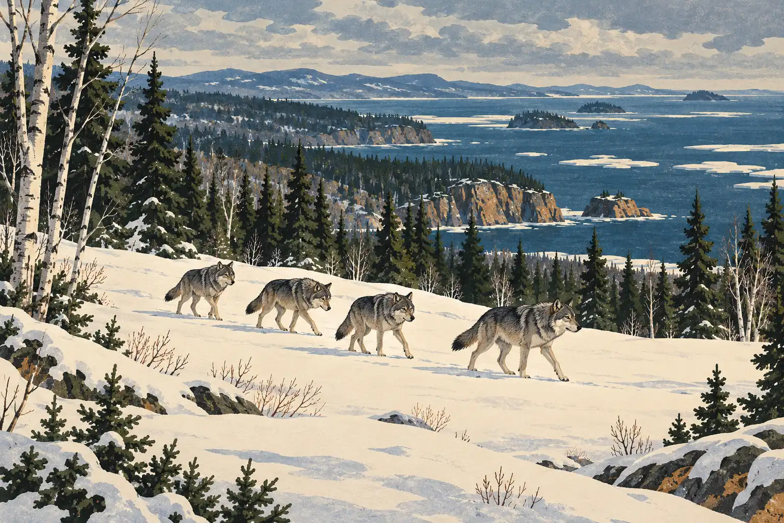 Quatre loups traversent une pente enneigée parmi les conifères, au-dessus d’un vaste lac parsemé d’îles et de glace