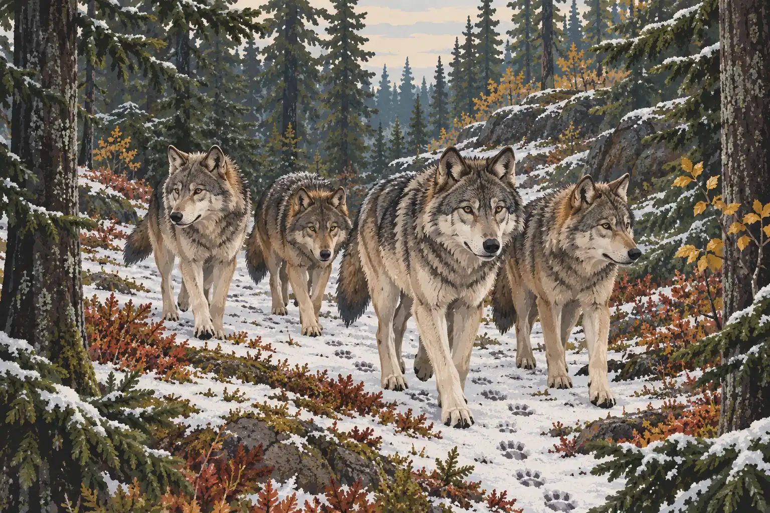 Quatre loups avancent sur un sentier enneigé, au milieu de conifères, rochers et feuillages d’automne