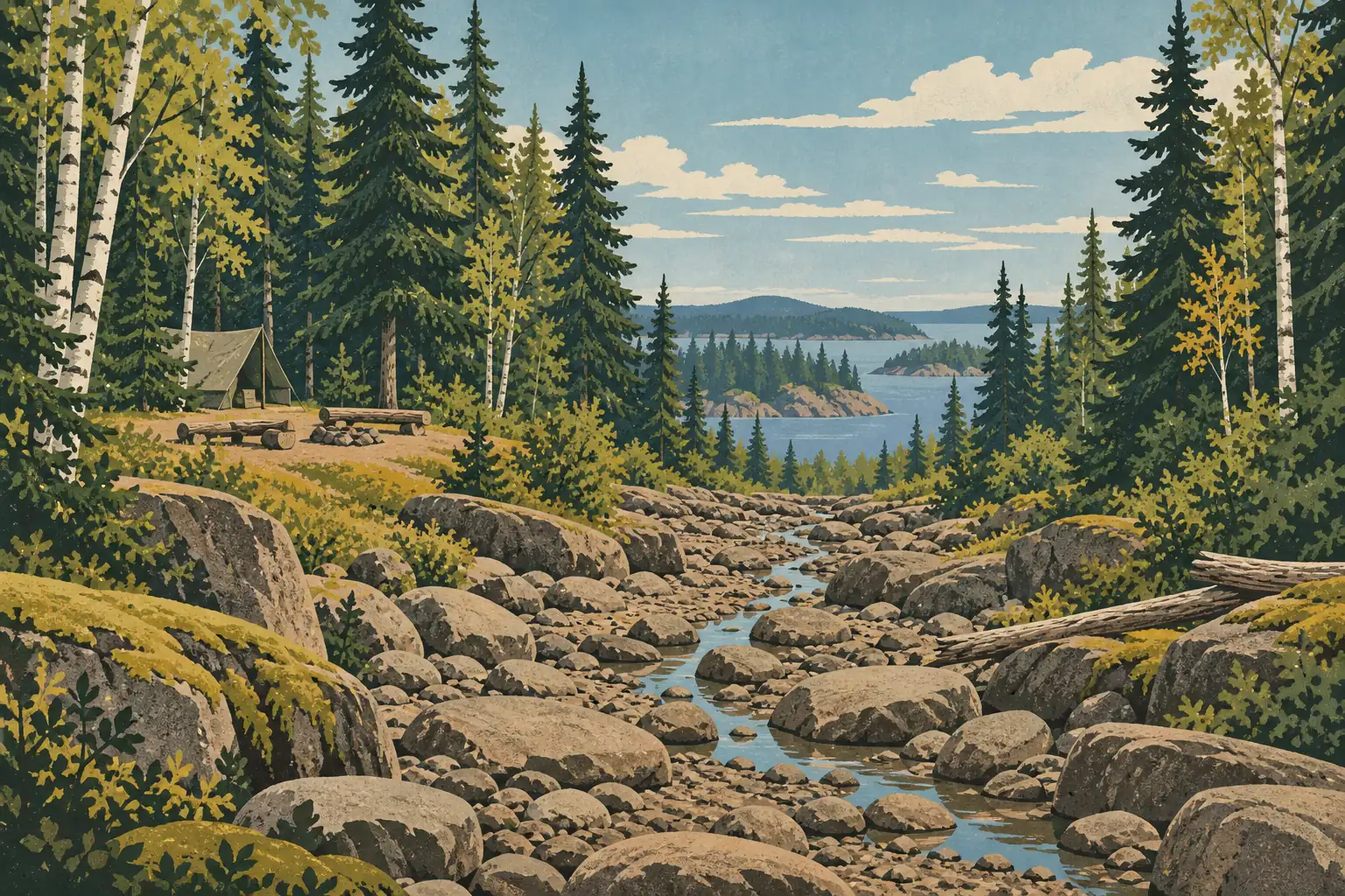 Ruisseau presque à sec entre de gros rochers, bordé de conifères, avec une tente à gauche et un lac au loin