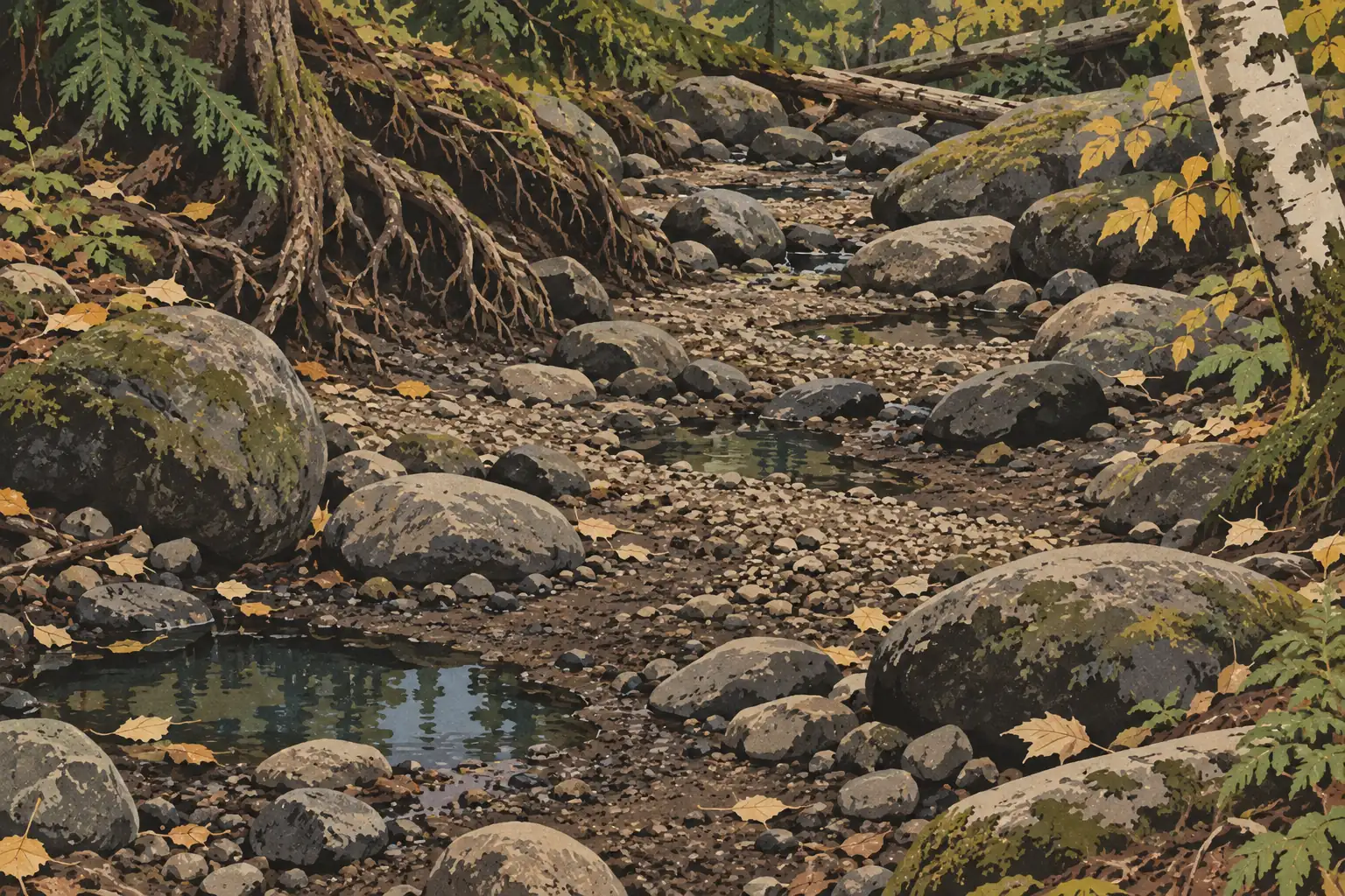 Ruisseau presque à sec traversant une forêt, avec flaques peu profondes, galets, gros rochers moussus et feuilles d’automne