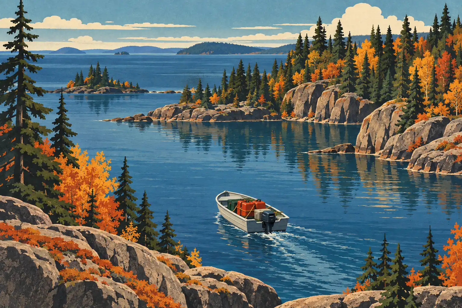 Un bateau à moteur chargé de bidons traverse un lac bleu bordé de falaises rocheuses et de forêts aux couleurs d’automne