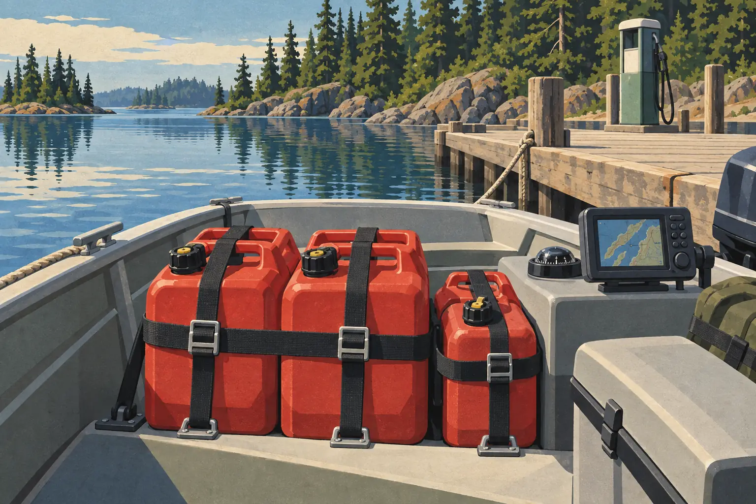 Trois bidons rouges sanglés dans un bateau amarré au quai, devant une pompe, une forêt et une eau calme
