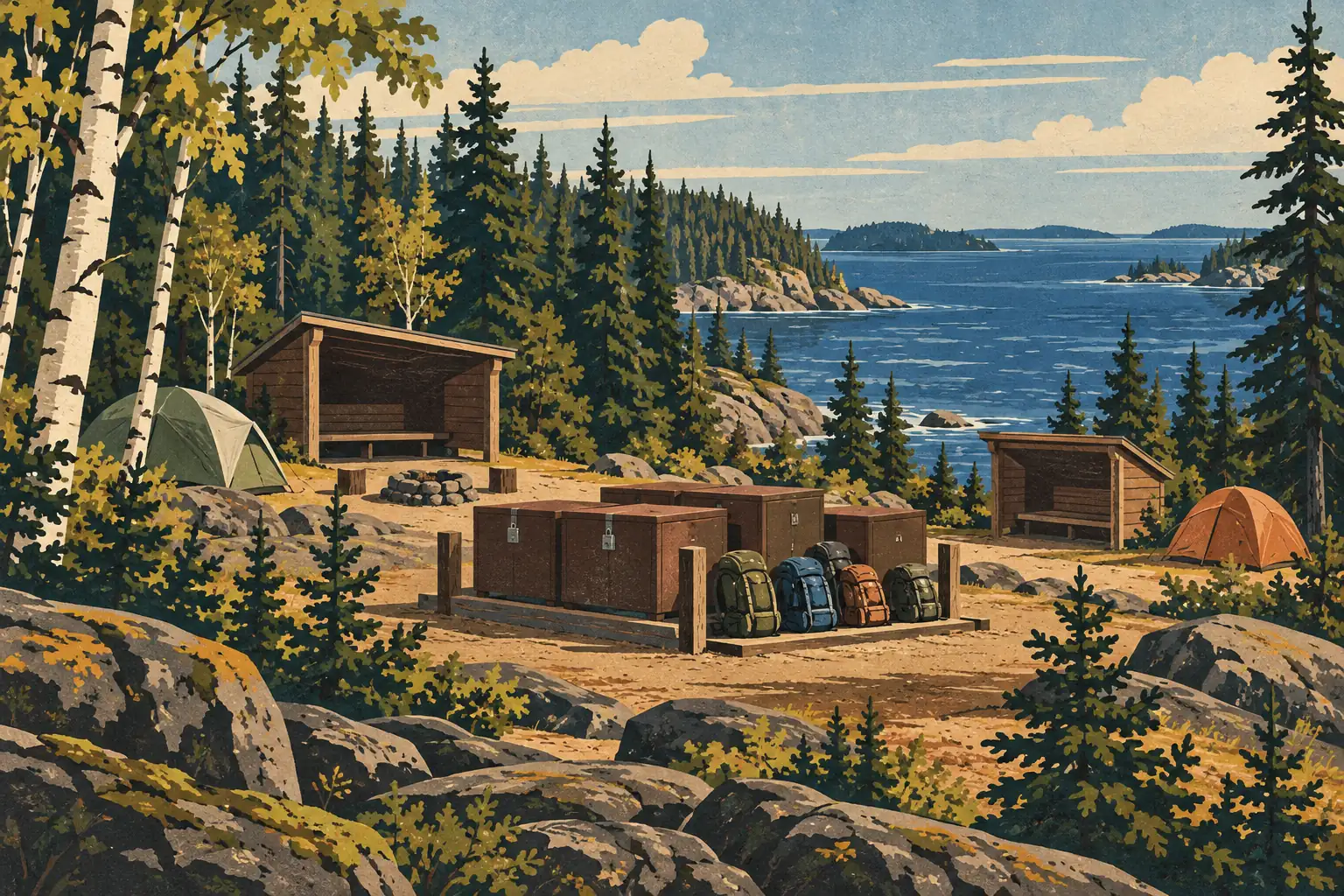 Camping rocheux au bord d’un lac, avec coffres verrouillés, sacs à dos, tentes, abris en bois et forêt de conifères