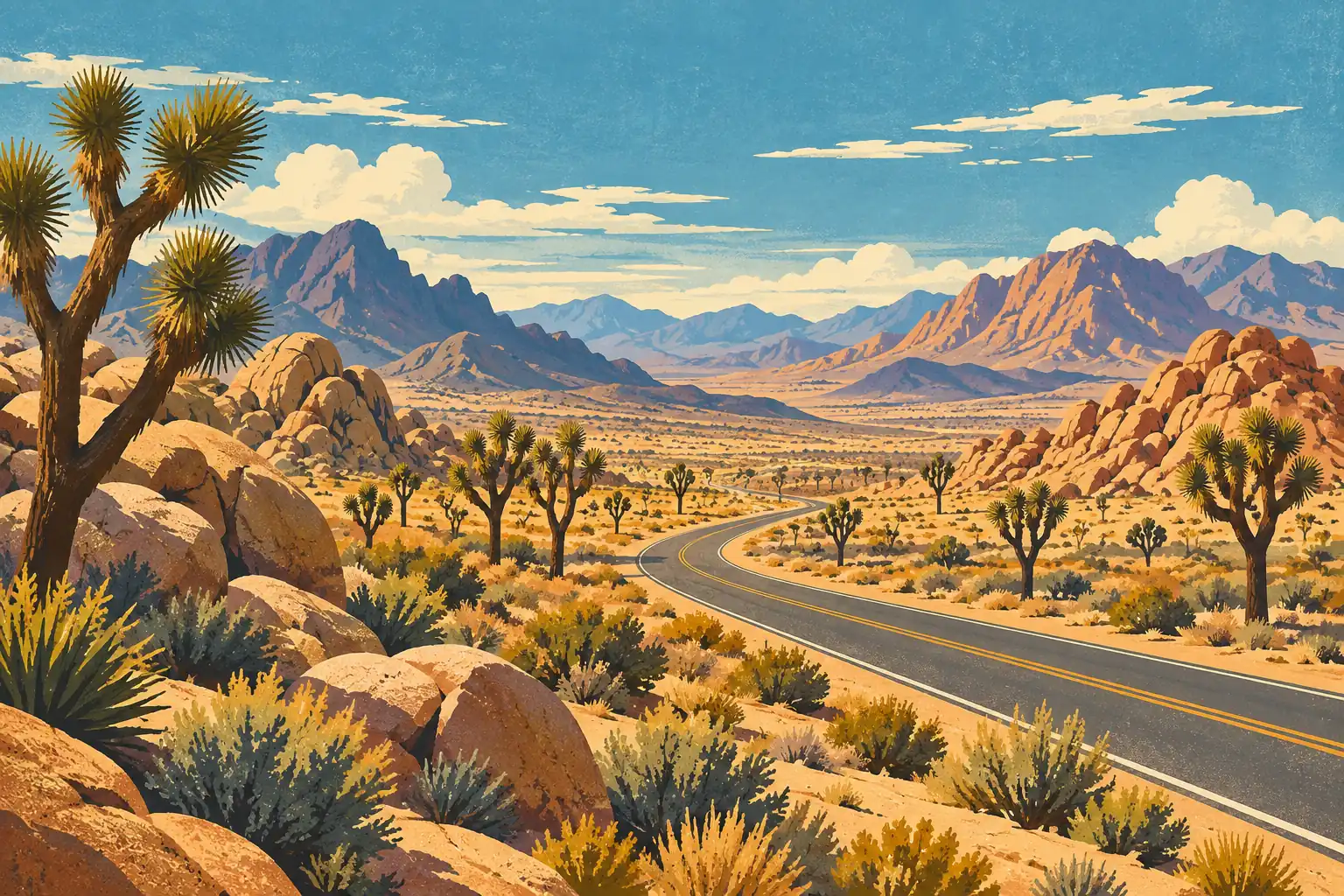 Route sinueuse traversant un désert rocheux parsemé de yuccas, avec de hautes montagnes sous un ciel nuageux