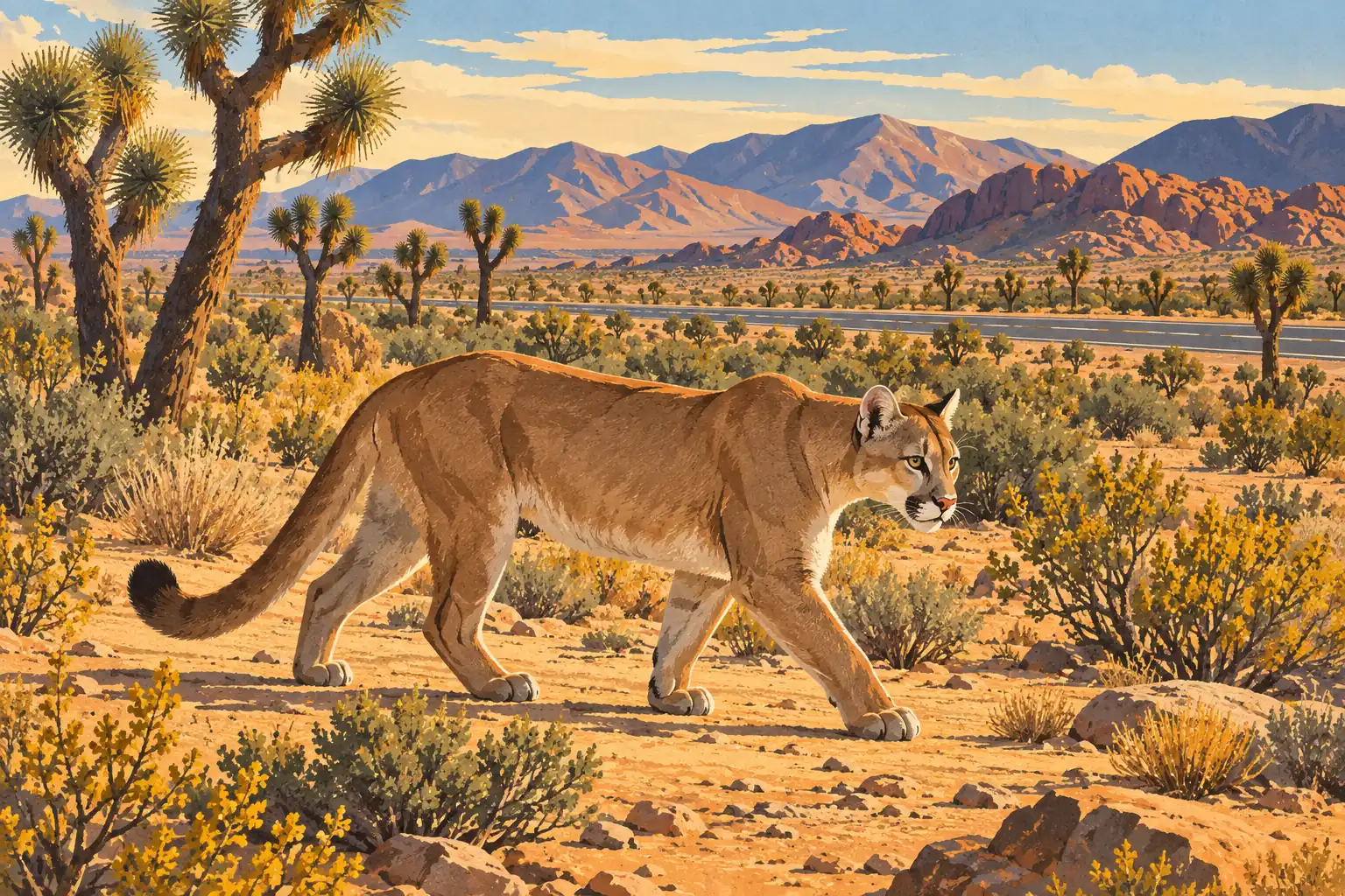 Un puma traverse un désert parsemé de yuccas, avec une route, des rochers rouges et des montagnes en arrière-plan