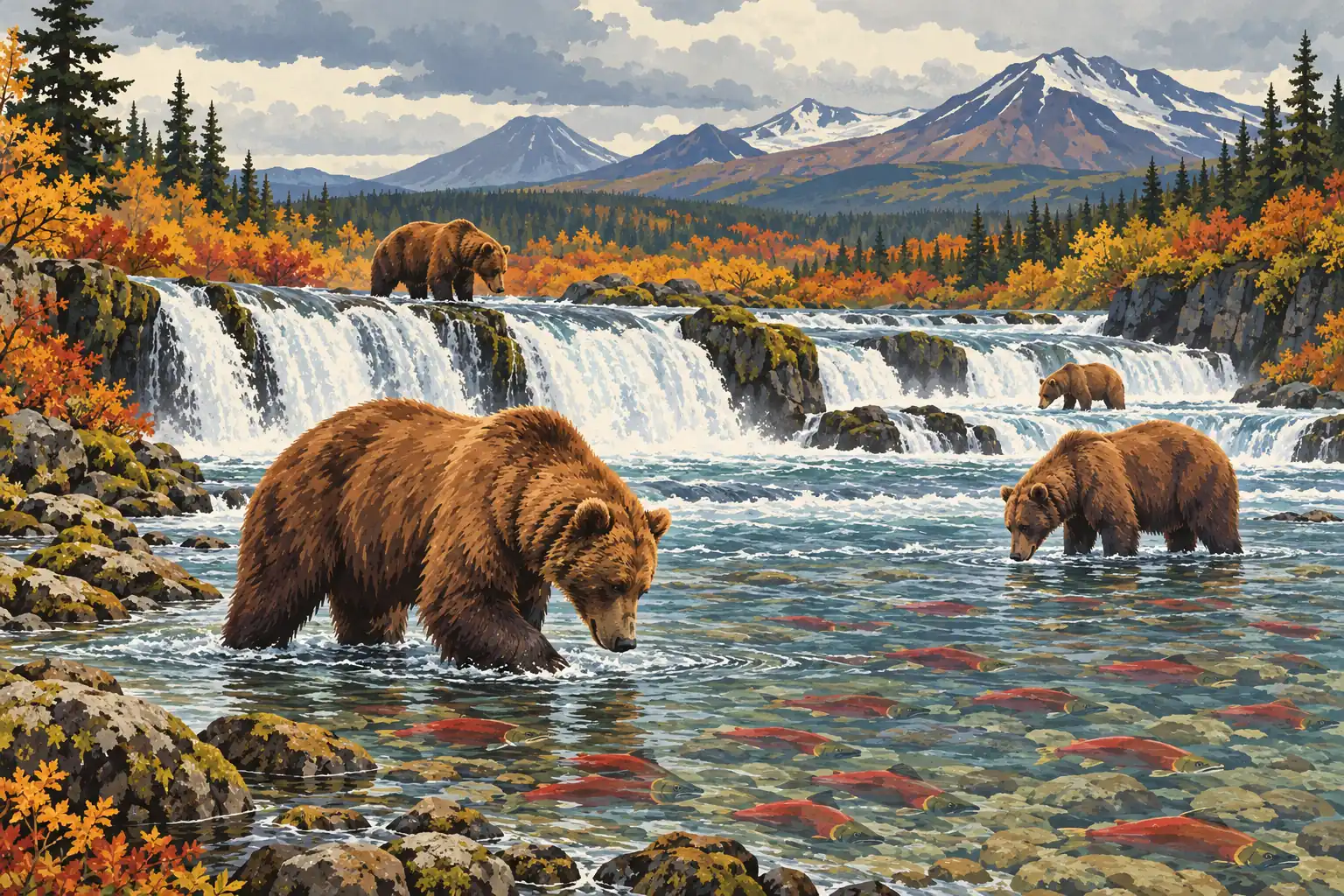 Quatre ours bruns pêchent des saumons rouges dans une rivière à cascades, devant des montagnes enneigées en automne