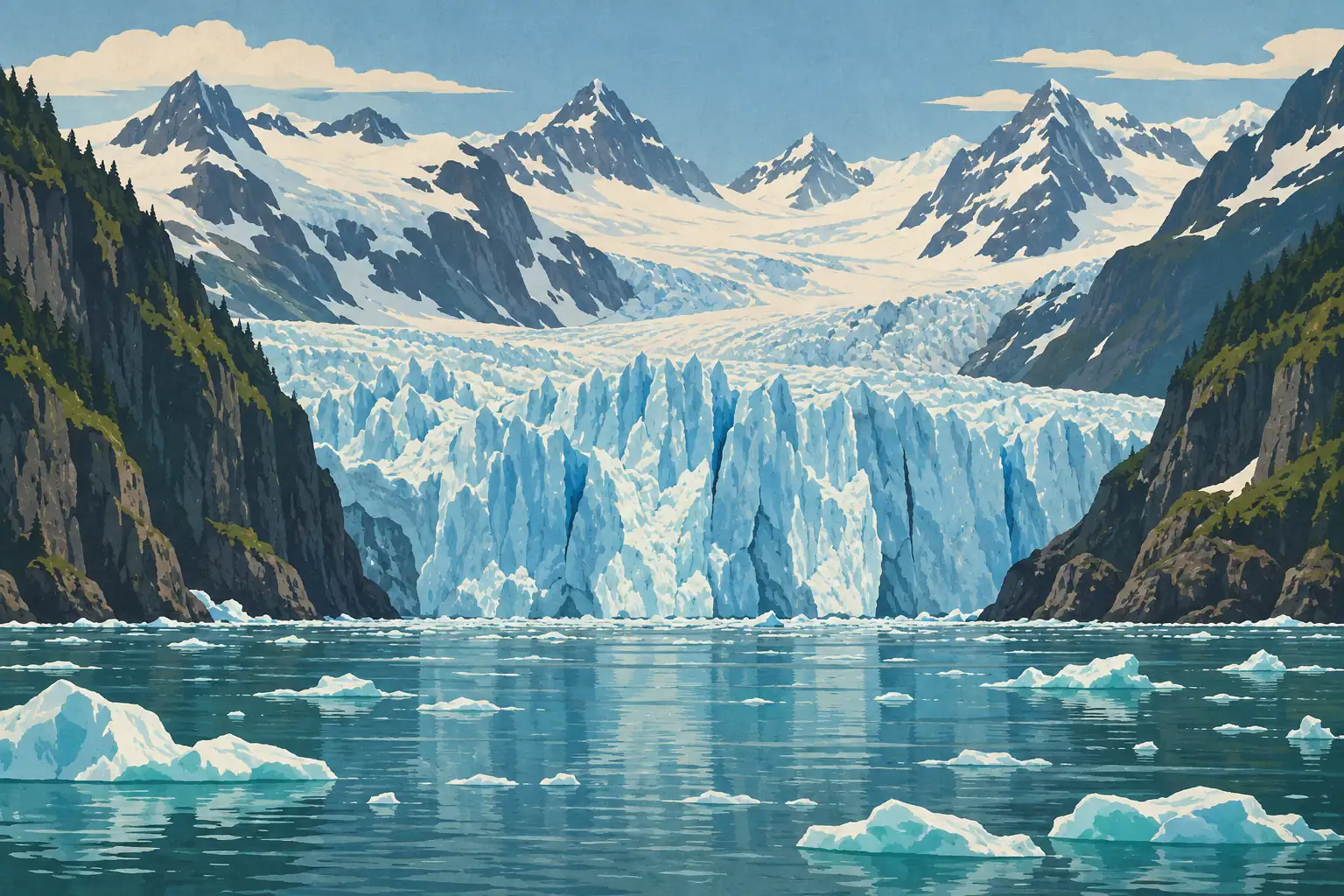 Un vaste glacier descend entre des montagnes enneigées jusqu’à une baie parsemée de blocs de glace flottants