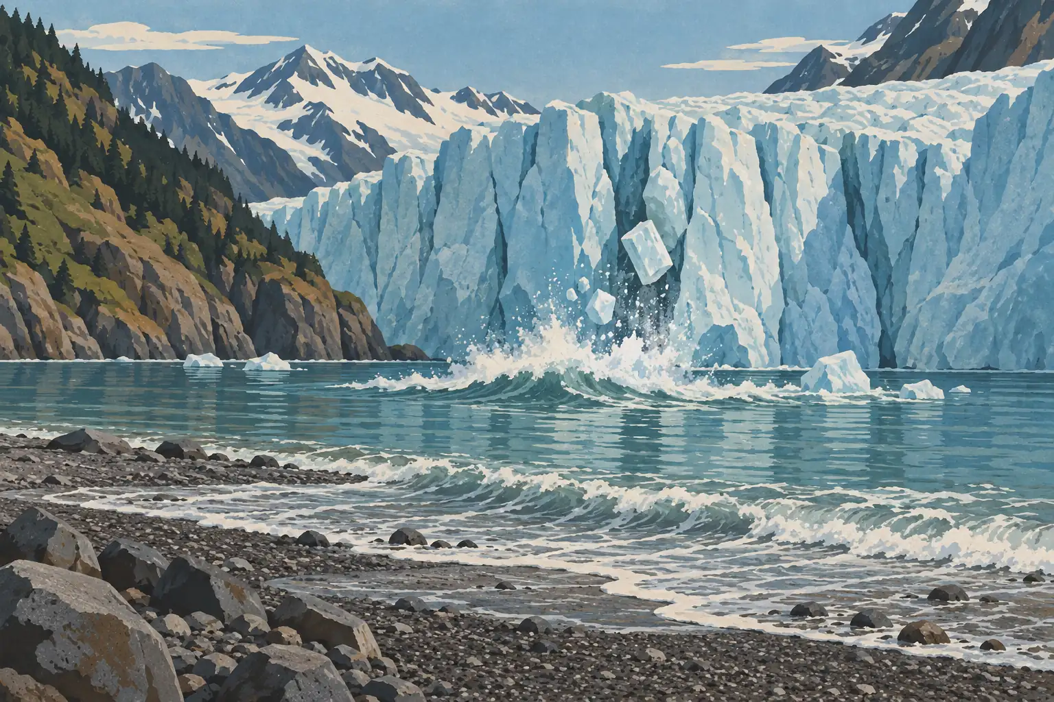 Un bloc de glace se détache d’un glacier côtier et plonge dans l’eau devant une plage rocheuse et des montagnes enneigées