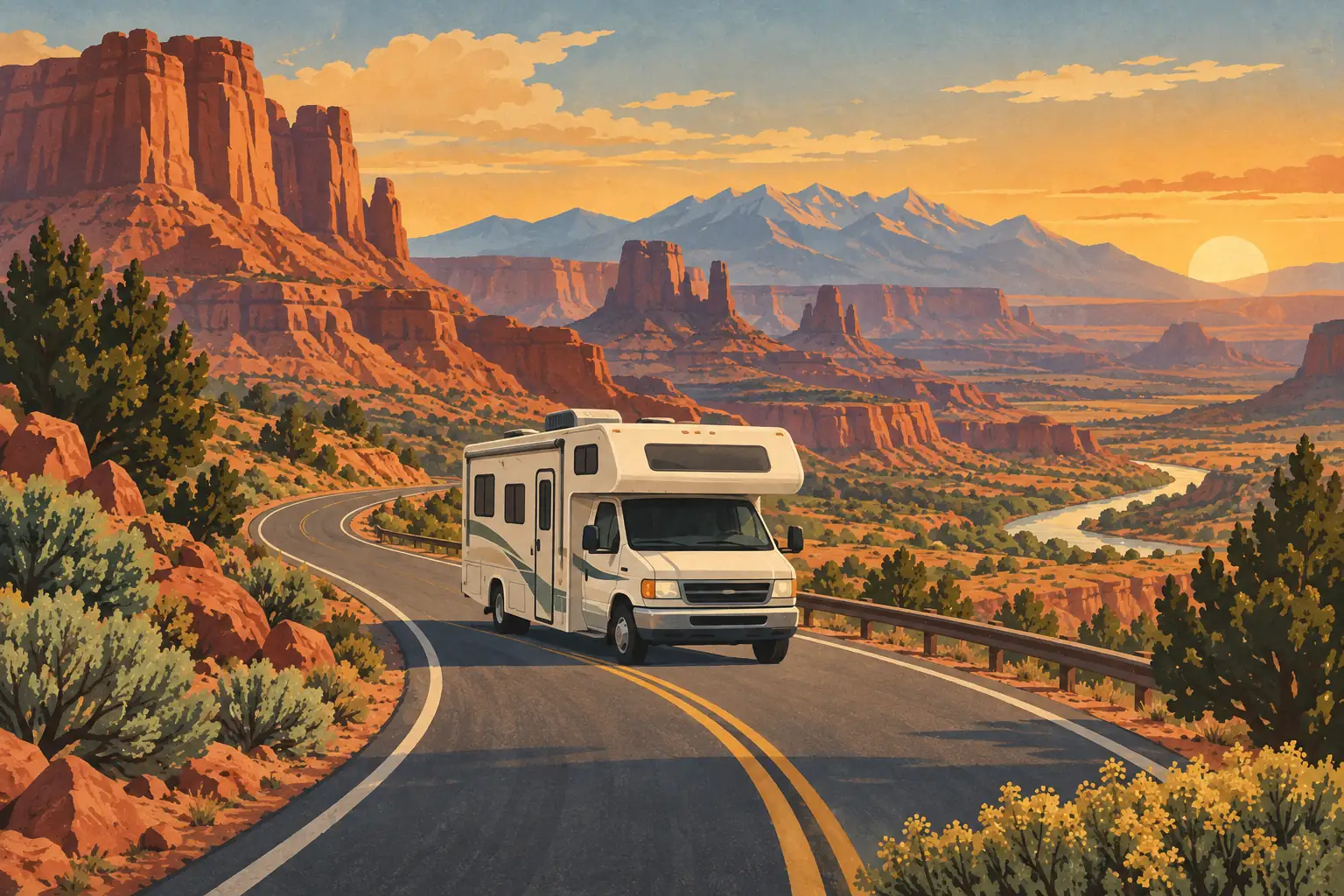 Un camping-car roule sur une route sinueuse parmi des canyons rouges, avec des montagnes et un soleil couchant