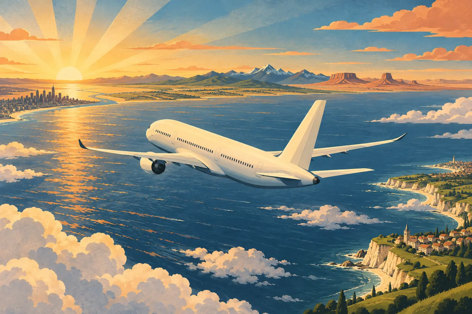 Ein weißes Passagierflugzeug fliegt bei Sonnenuntergang über den Ozean, zwischen Küstenstadt, Bergen und Klippen