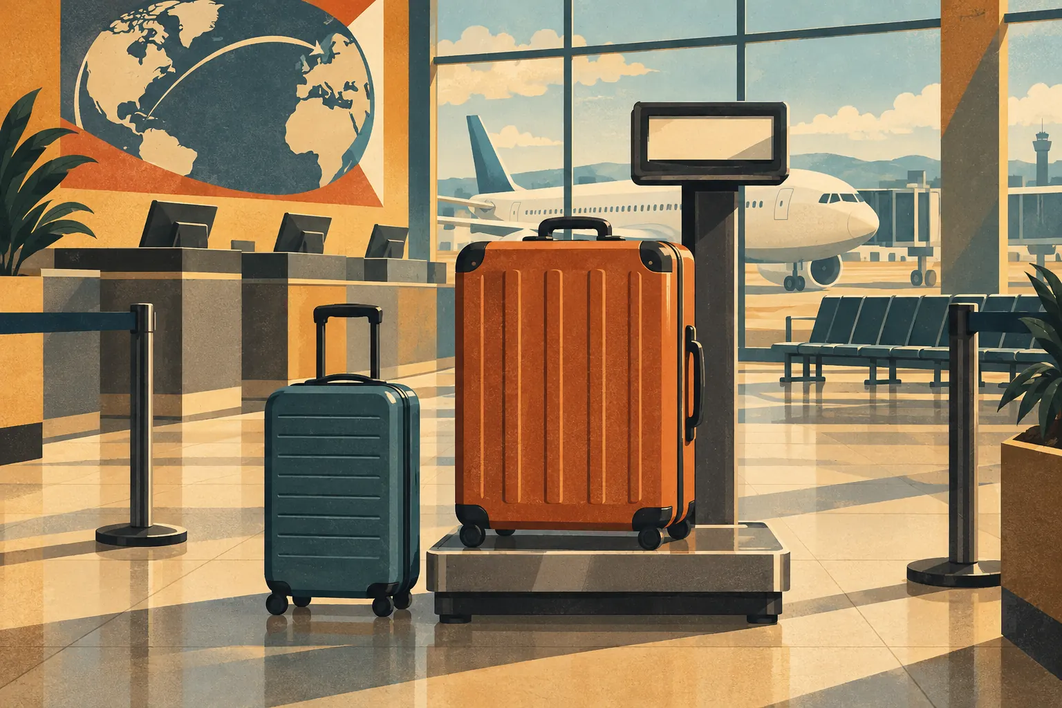 Zwei Koffer vor einem Check-in-Schalter, dahinter ein Passagierflugzeug durch die großen Flughafenfenster