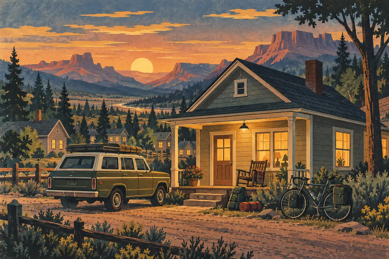 Lit house at sunset with a loaded station wagon, touring bicycle and backpack, set before mountains and a forest