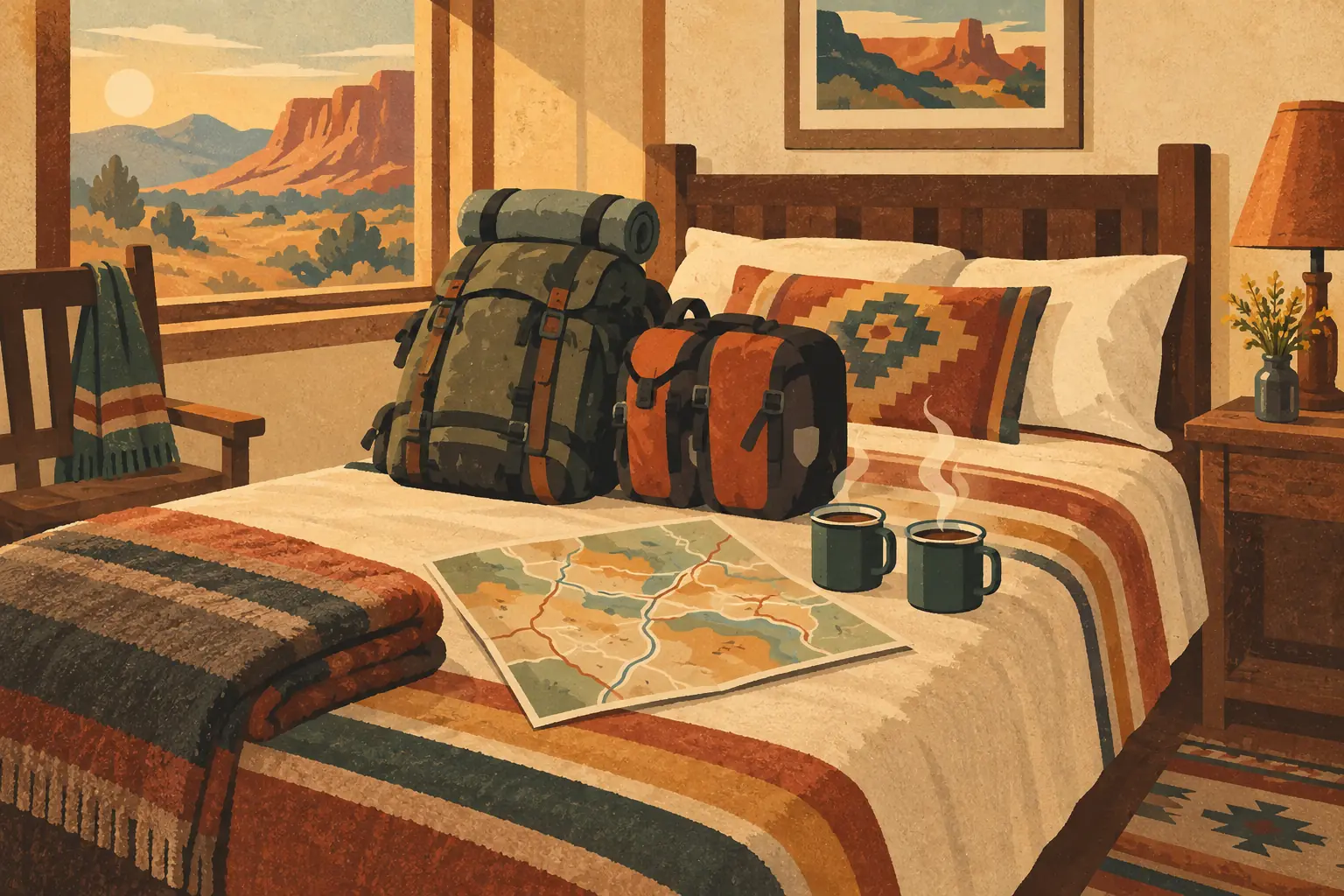 Two backpacks, a map and two steaming mugs rest on a bed beside a window overlooking a desert landscape
