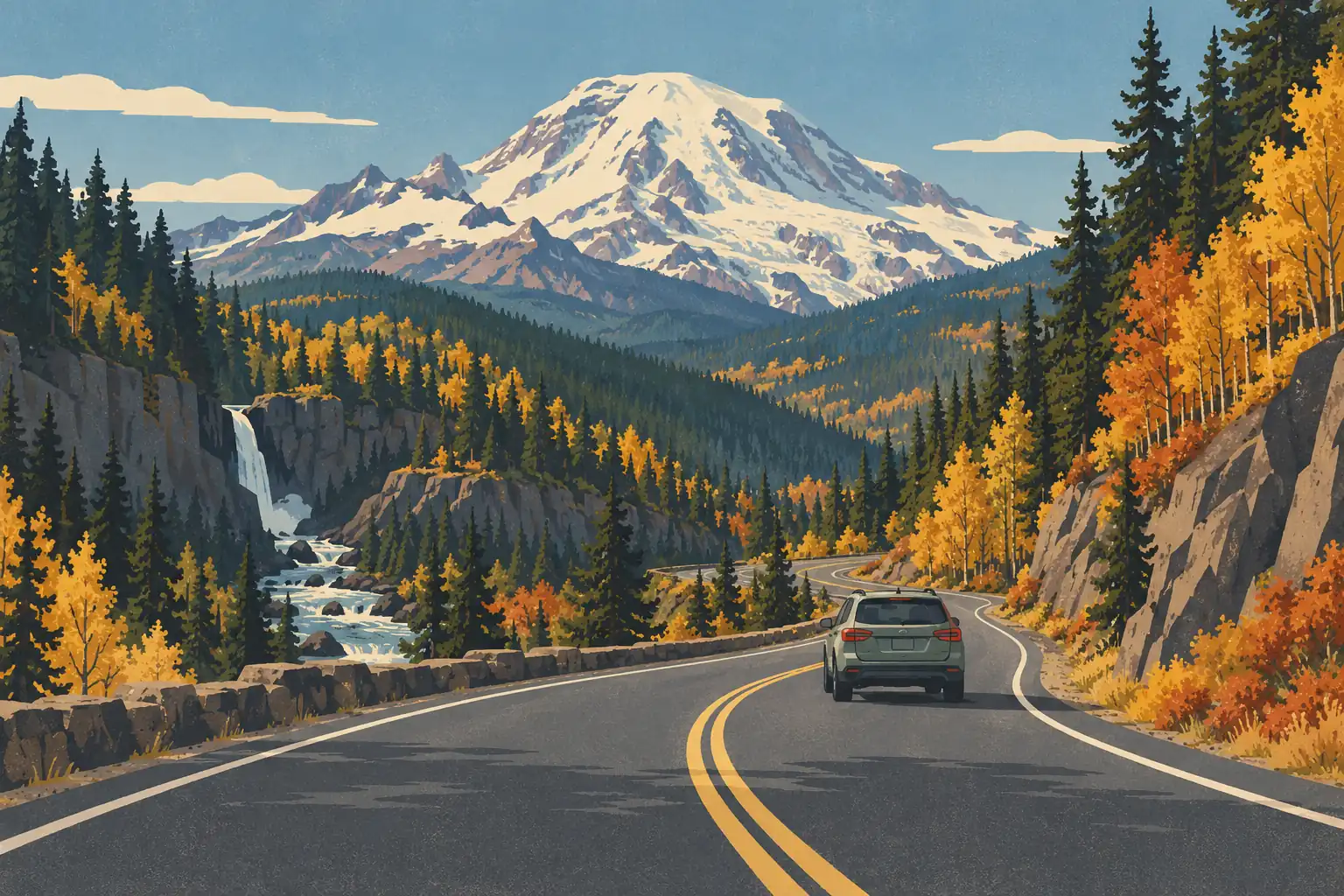 Une voiture roule sur une route sinueuse bordée d’arbres d’automne, face au mont Rainier enneigé et à une cascade