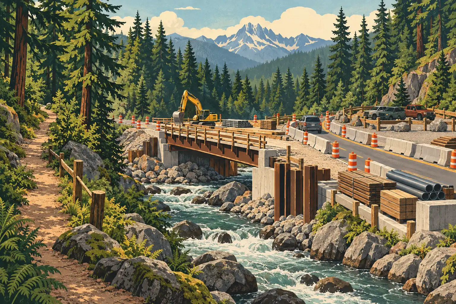 Chantier de pont au-dessus d’un torrent forestier, avec pelleteuse, cônes, barrières, voitures et montagnes enneigées au loin