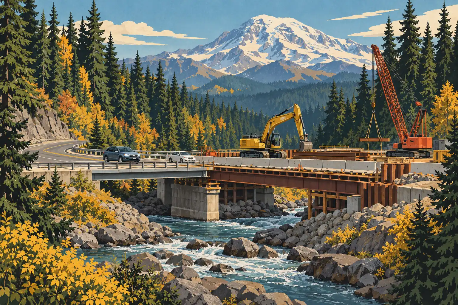 Travaux sur un pont au-dessus d’un torrent, avec voitures, pelleteuse et grue, devant le mont Rainier enneigé