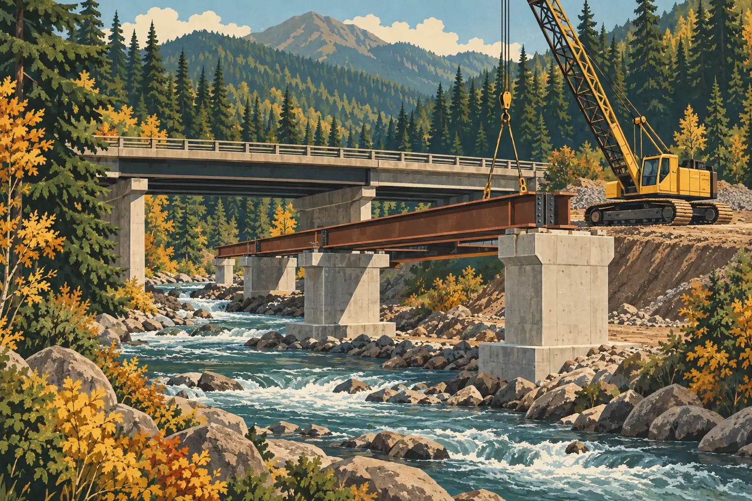 Une grue jaune pose des poutres sur les piles d’un pont au-dessus d’une rivière, parmi les conifères et les feuillages d’automne