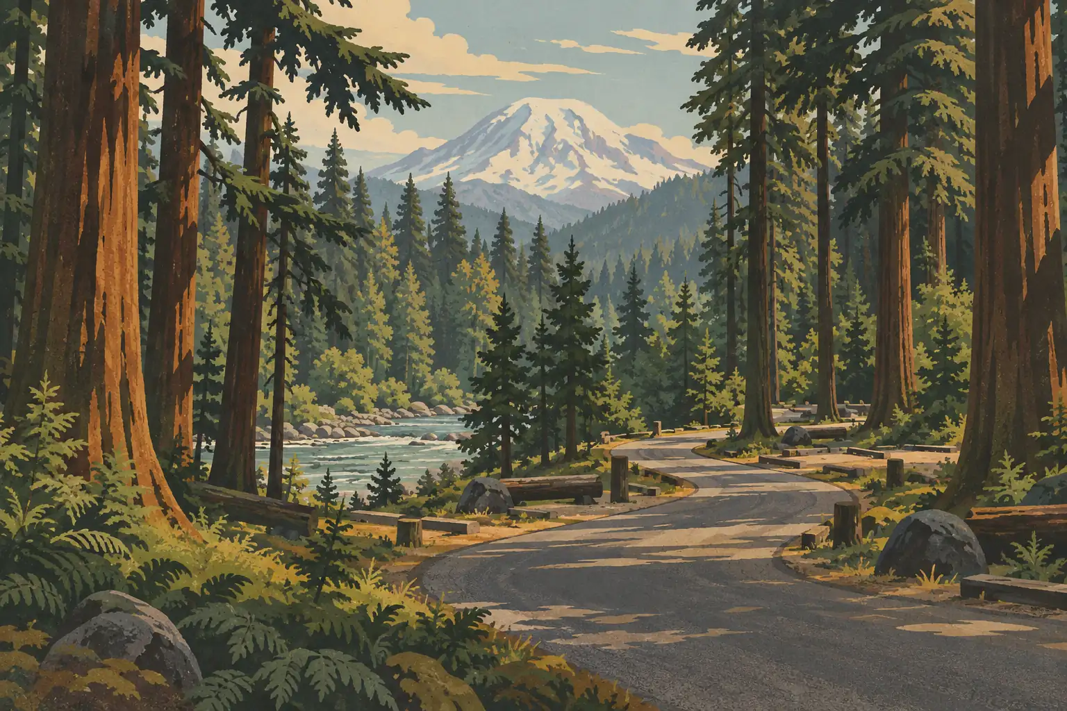 Route sinueuse traversant une forêt de grands conifères, au bord d’une rivière, avec le mont Rainier enneigé au loin