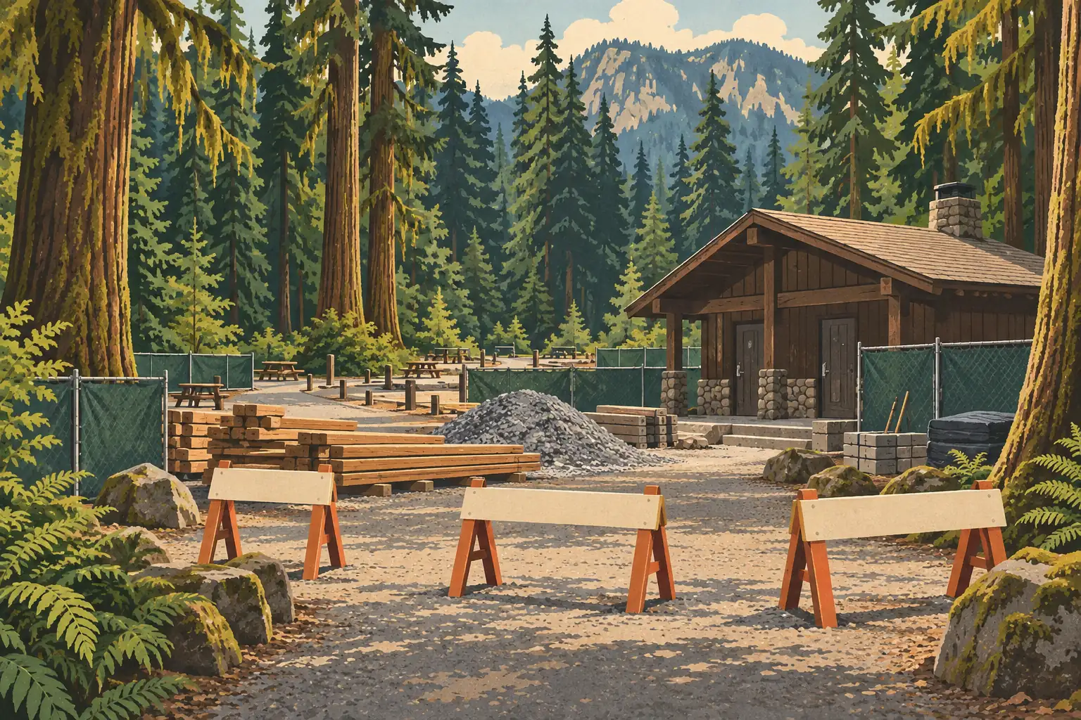 Zone de travaux clôturée dans une forêt de conifères, avec barrières, bois empilé, gravier et bâtiment au pied des montagnes