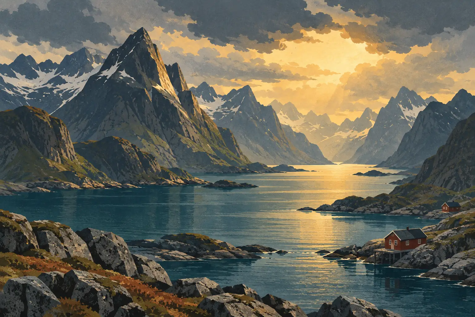 Fjord entouré de sommets enneigés sous un ciel nuageux, avec deux cabanes rouges au bord de l’eau dorée