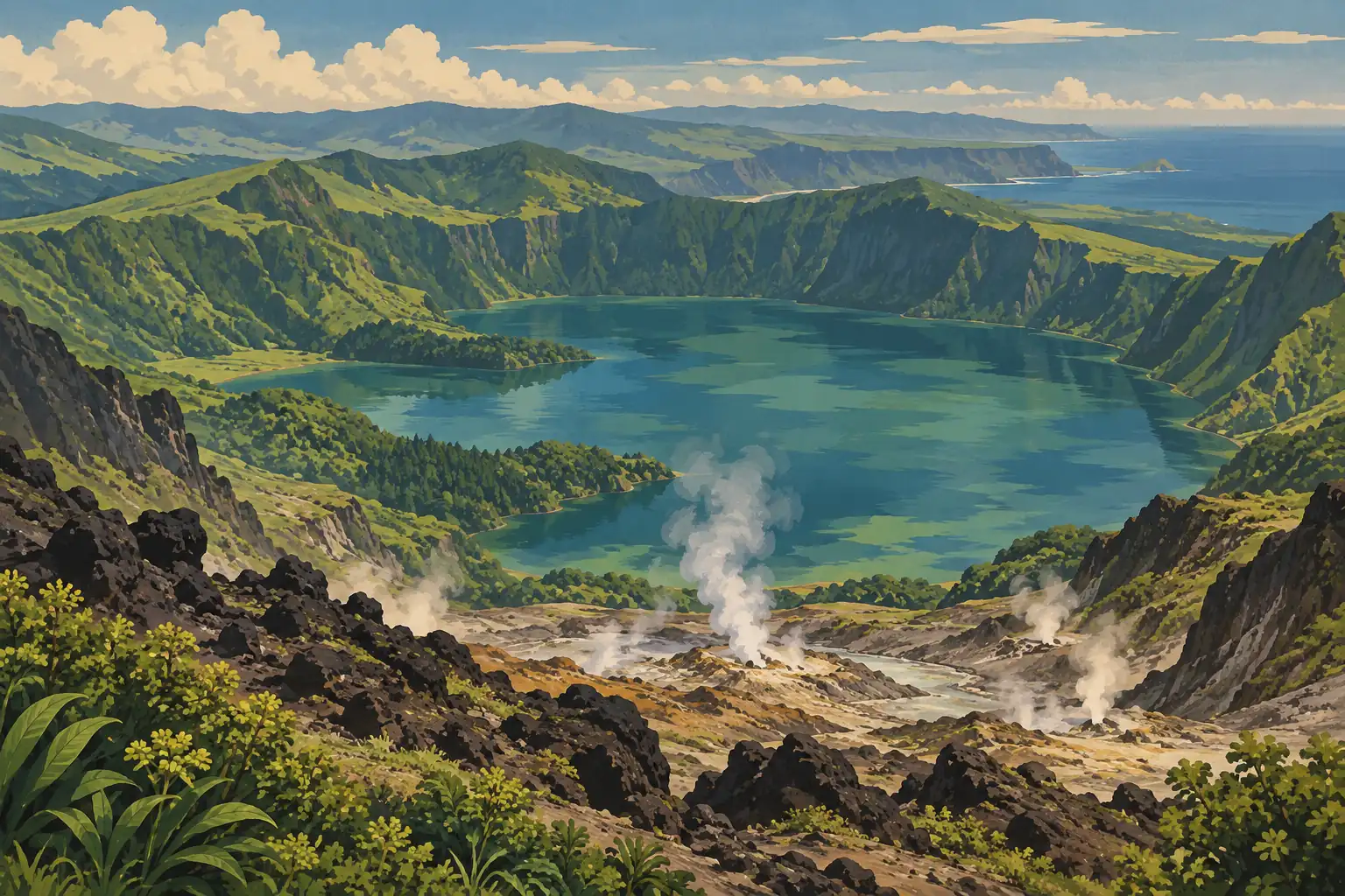 Lac turquoise dans une vaste caldeira verdoyante, avec roches volcaniques, fumerolles, montagnes et océan au loin