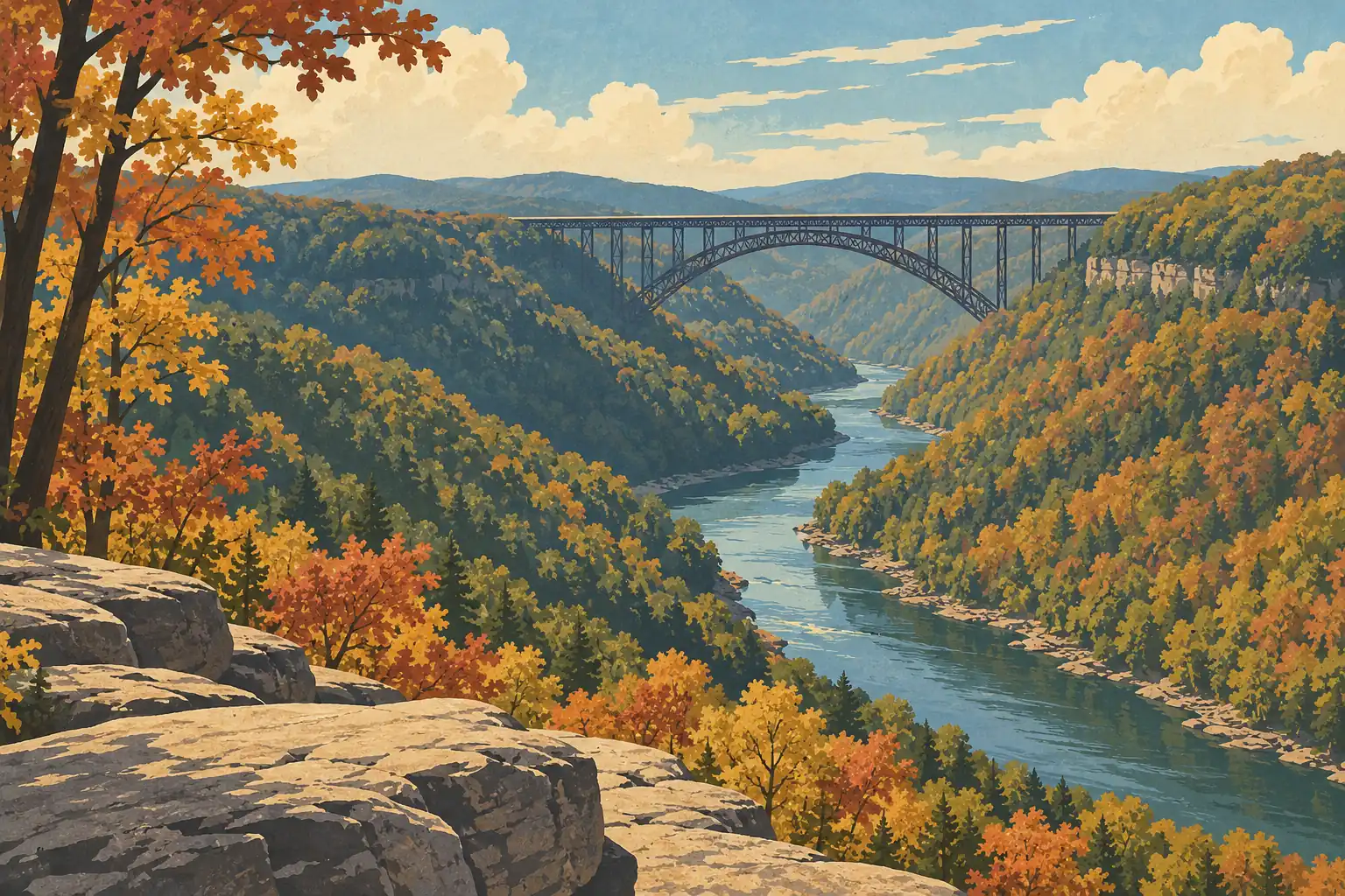 Une rivière serpente dans une gorge boisée aux couleurs d’automne, sous un grand pont en arc, avec des rochers au premier plan