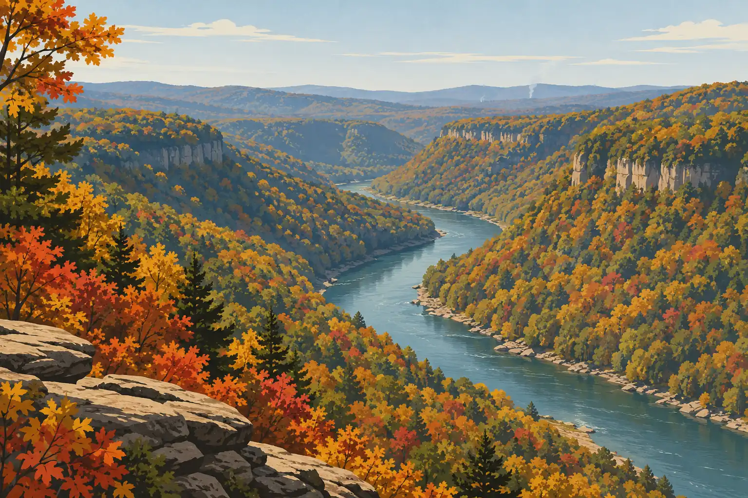 Large rivière serpentant dans une gorge boisée aux couleurs d’automne, entre falaises rocheuses et collines lointaines