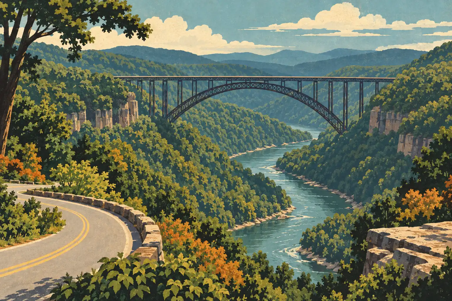Grand pont en arc au-dessus d’une rivière encaissée, entouré de collines boisées, avec une route en courbe au premier plan