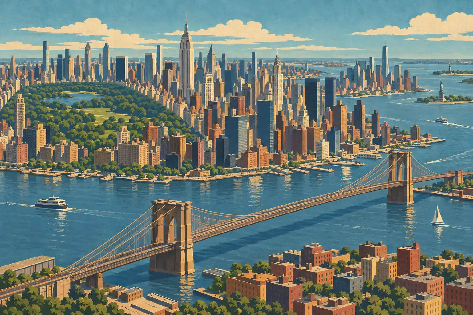Panoramablick auf Manhattan, den Central Park, den East River und die Brooklyn Bridge, mit Booten und der Freiheitsstatue
