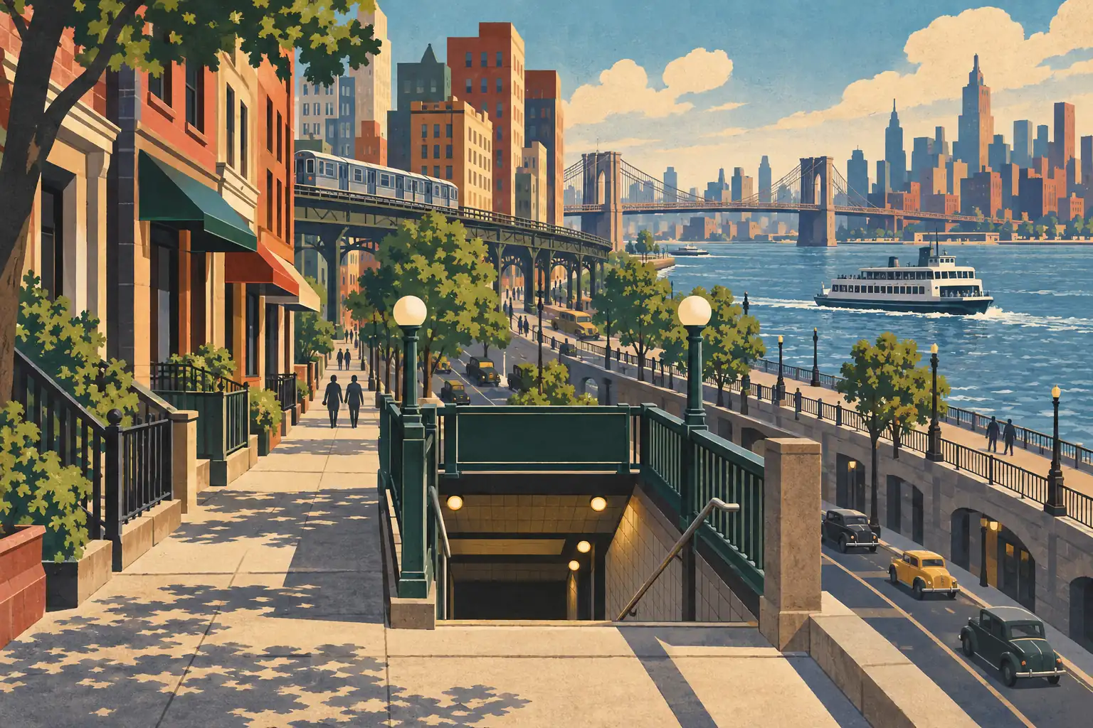 Baumgesäumte Straße mit U-Bahn-Eingang, Hochbahn, Uferpromenade, Fähre, Brücken und der Skyline von Manhattan