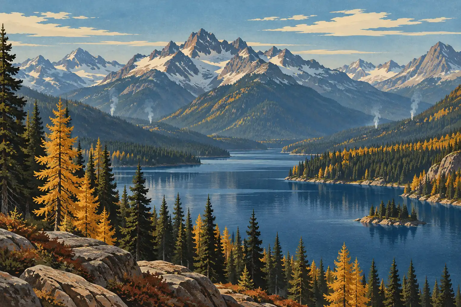 Lac entouré de conifères aux couleurs d’automne, devant des montagnes enneigées et plusieurs colonnes de fumée