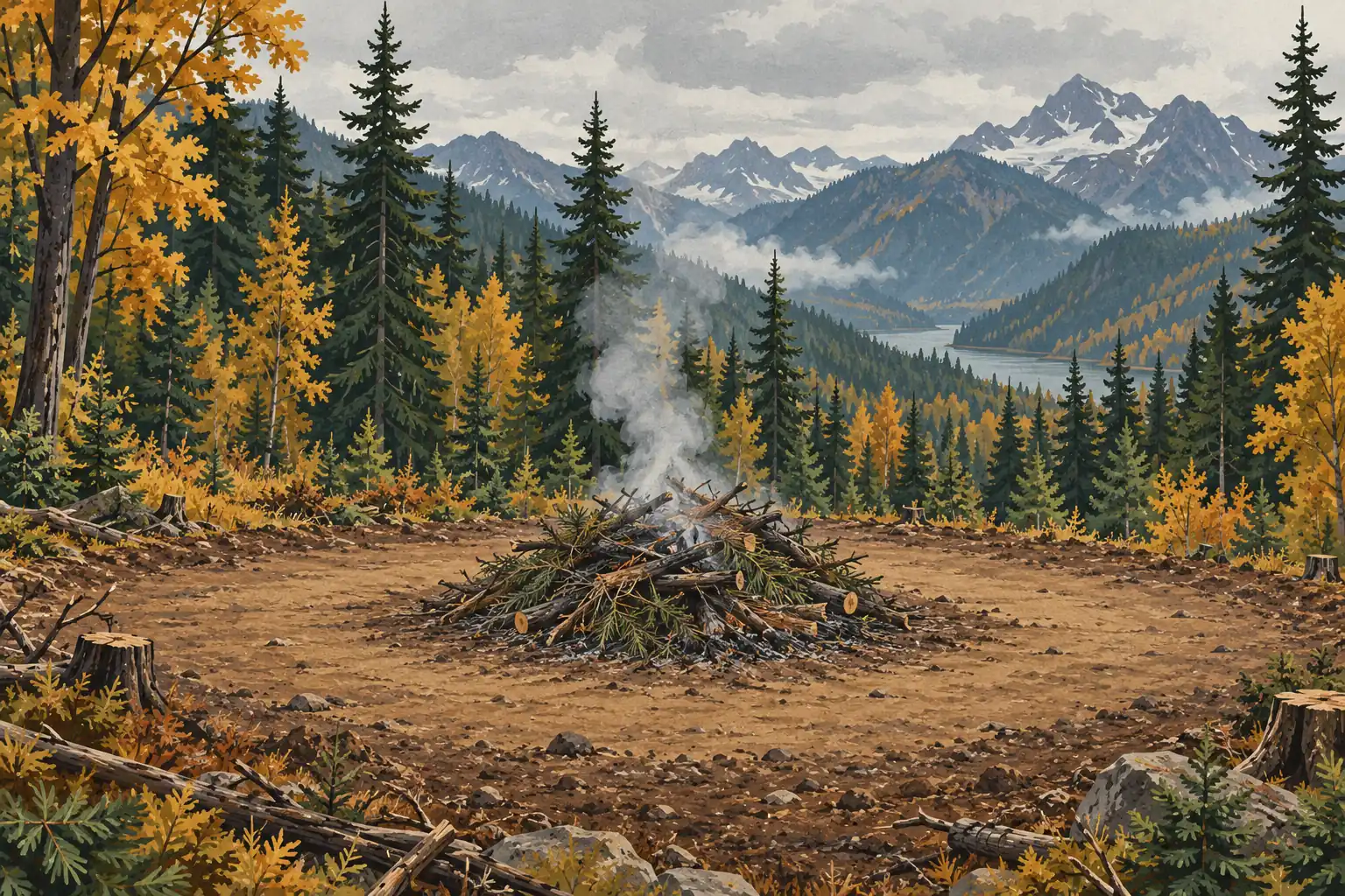 Un tas de branches fumantes brûle dans une clairière, devant une forêt d’automne, un lac et des montagnes enneigées