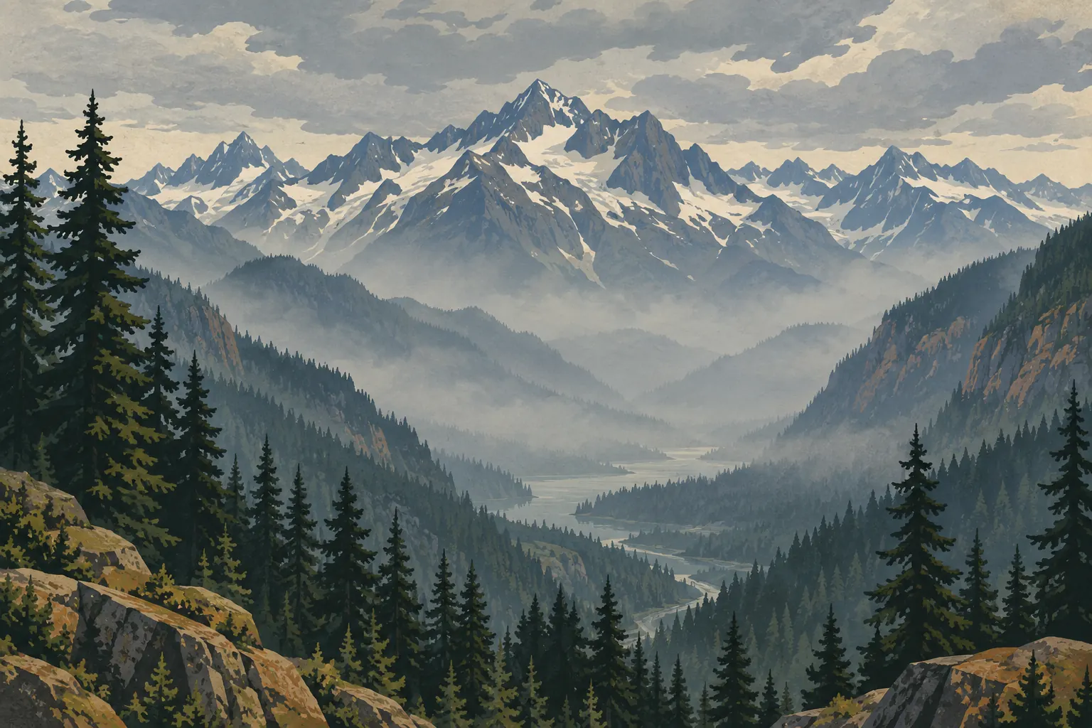 Vallée brumeuse couverte de conifères, traversée par une rivière sinueuse, devant une vaste chaîne de sommets enneigés