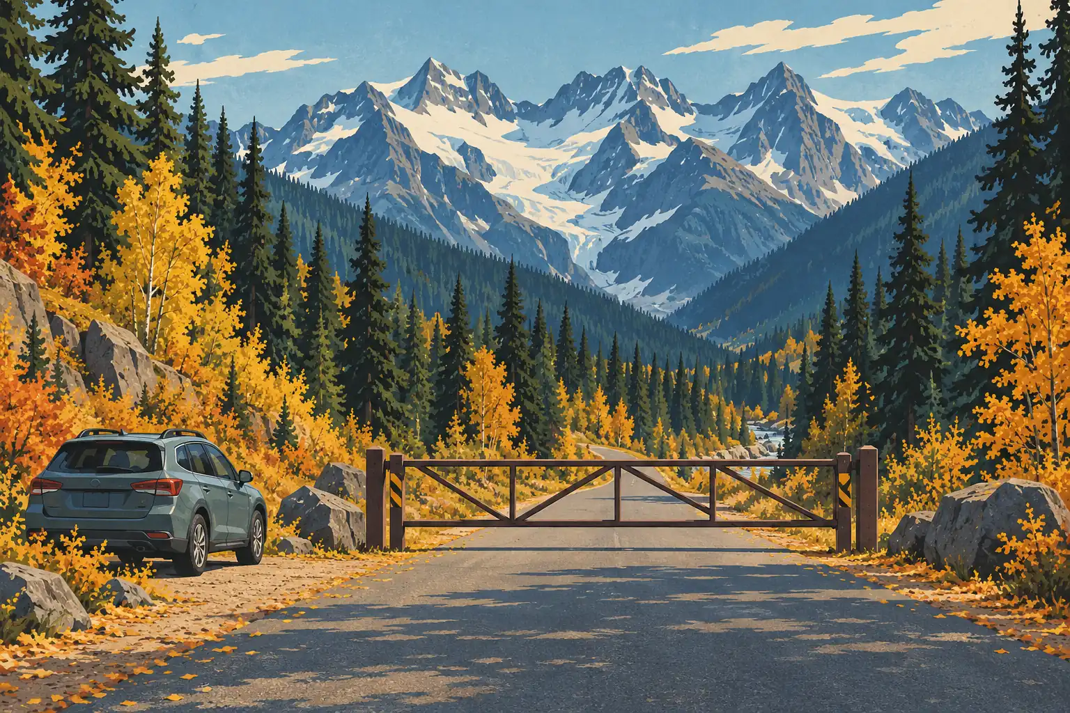 Une barrière ferme une route de montagne, avec une voiture garée parmi les conifères et feuillus dorés face aux sommets enneigés
