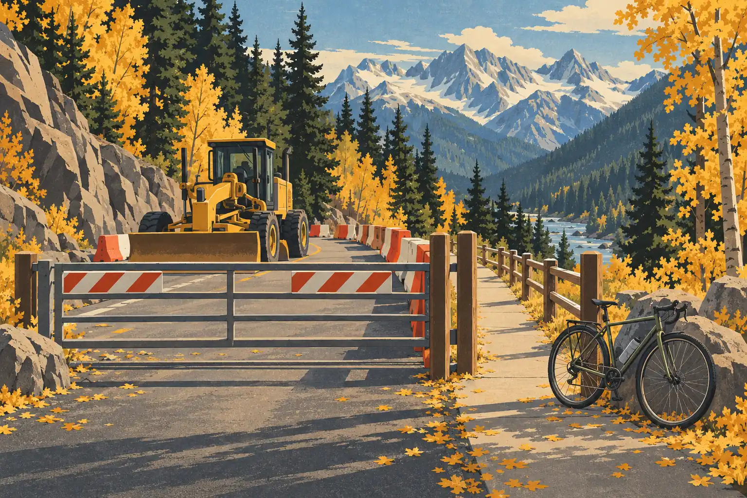 Route de montagne barrée pour travaux, avec niveleuse, barrières, vélo, arbres jaunes et sommets enneigés
