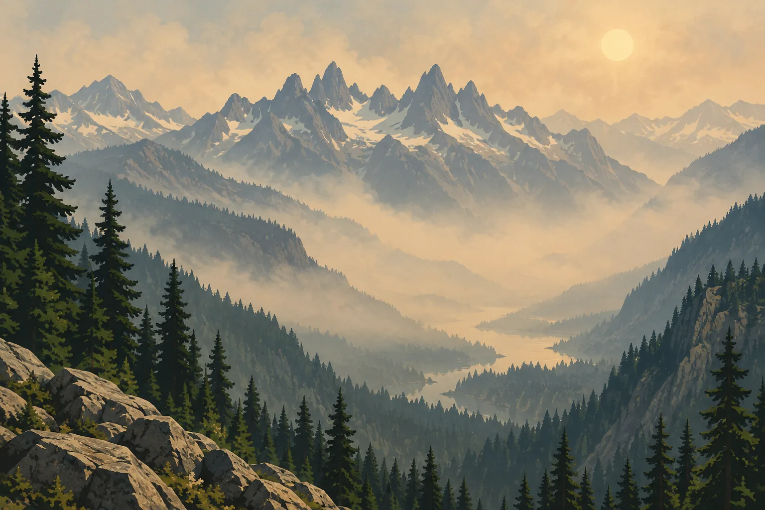 Vallée boisée sous une brume dorée, avec lac sinueux, pics enneigés, sapins, rochers et soleil voilé