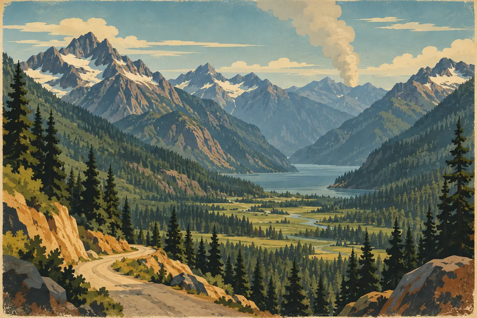 Vallée boisée entre de hauts sommets enneigés, avec un lac, une route sinueuse et une colonne de fumée au loin