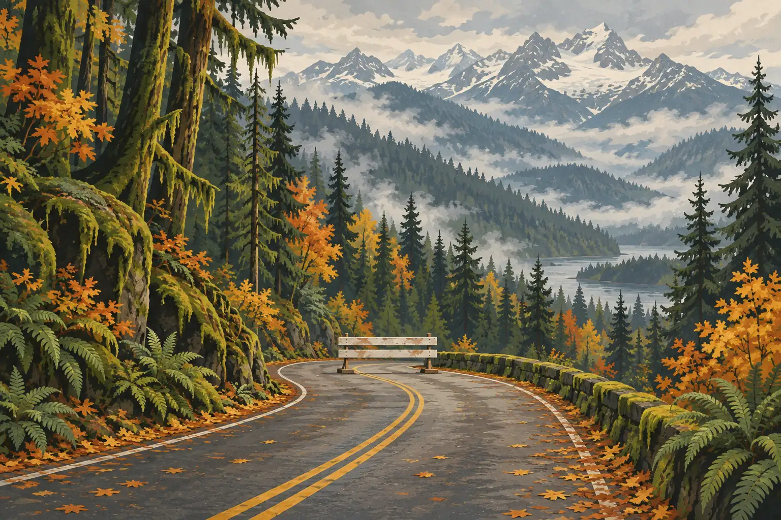 Route sinueuse barrée au cœur d’une forêt automnale, avec un lac, des collines boisées et des sommets enneigés