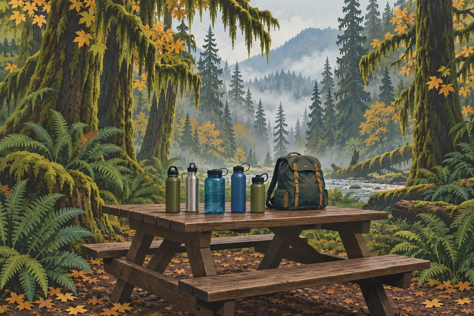 Cinq gourdes et un sac à dos reposent sur une table de pique-nique, dans une forêt humide traversée par une rivière